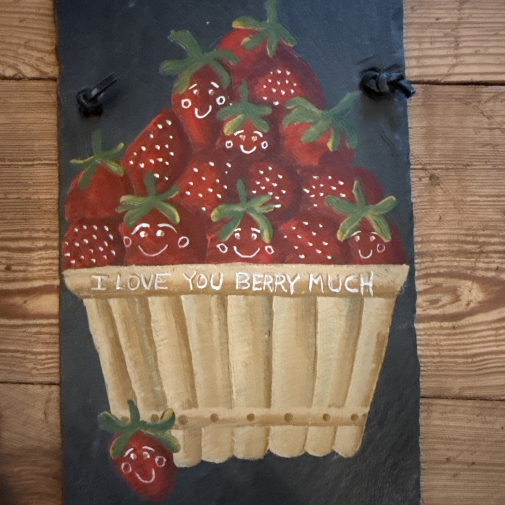 Handmade Painted Slate Wall hanging Strawberries Folk Art Signed I Love You‎